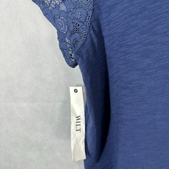 WILT Shrunken Crew Tee with Lace Sleeves Slub 100% Cotton Small Blue - Picture 5 of 12
